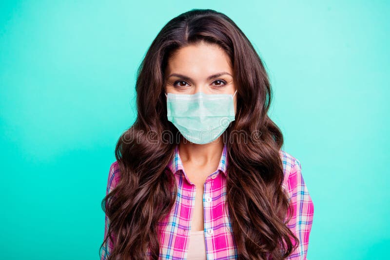 Closeup portrait nice attractive charming lovely wavy-haired lady wear checked shirt protective facial mask isolated stock photography