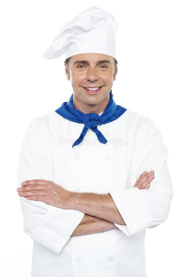 Closeup portrait of smiling young male chef stock photos