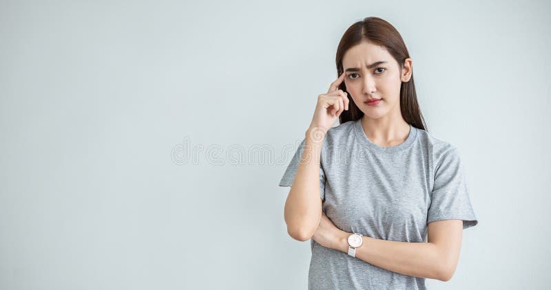 Closeup portrait stressed business asian woman thinking. stock photos