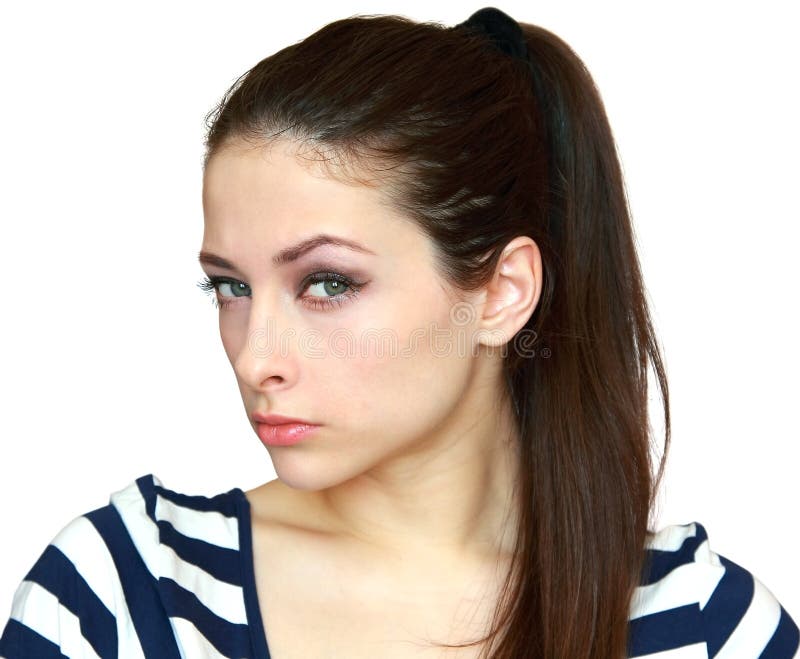 Closeup portrait of suspicious woman stock photos