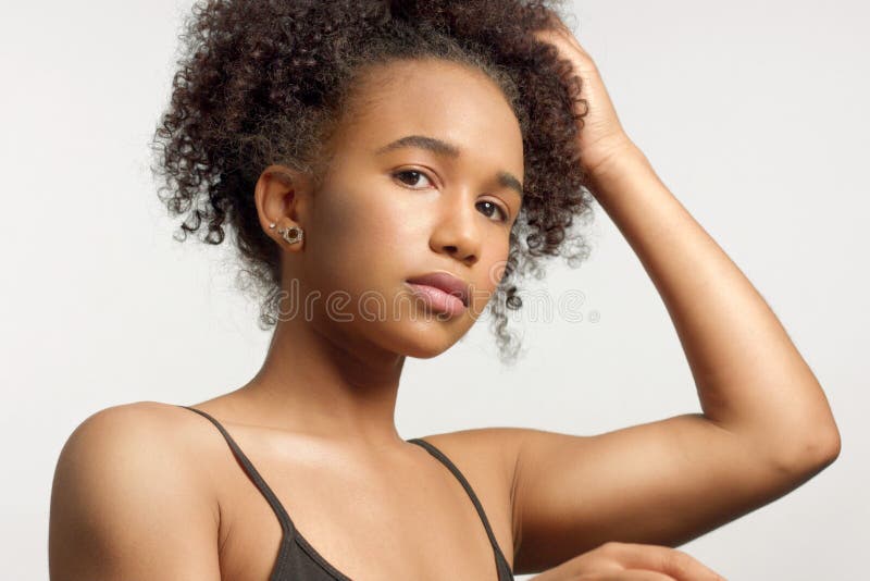 Closeup Portrait of Young Mixed Race Model with Curly Hair in Studio with  Natural Neutral Makeup Stock Image - Image of lookbook, natural: 158416365