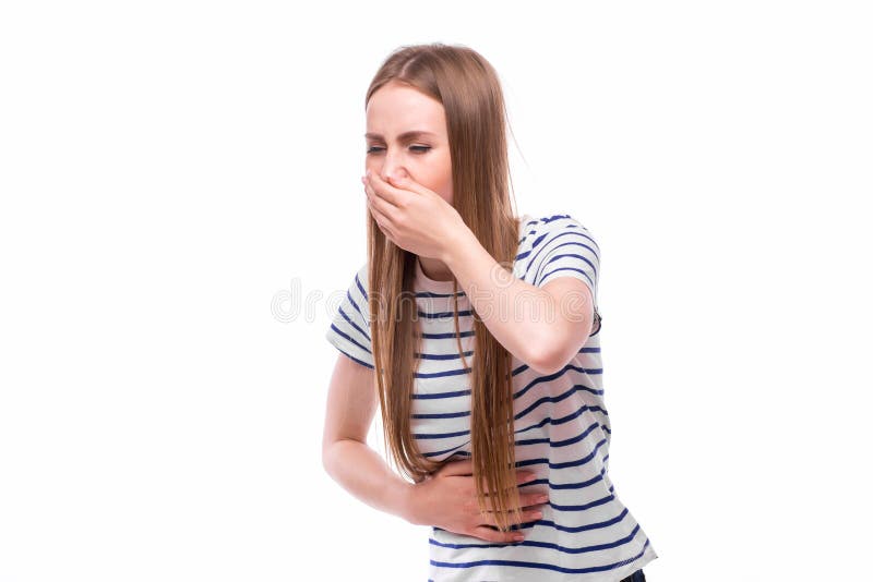 Closeup portrait of young unhappy, annoyed, sick woman about to chuck, throw up, retch barf, hurl stock photography Closeup portrait of young unhappy, annoyed, sick woman about to chuck, throw up, retch barf, hurl stock photography