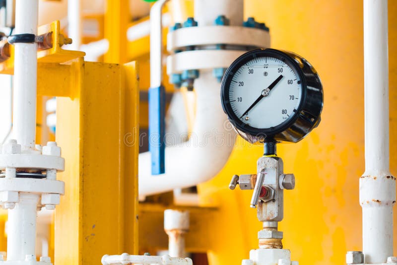 Pressure Gauge with Pipe Line and Process Flow Line. Stock Image
