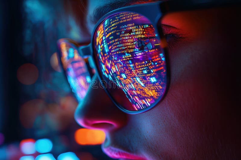 Closeup programmer types illuminated keyboard. Code reflects in eyeglasses. Fast-paced software development. Nighttime intense vector illustration