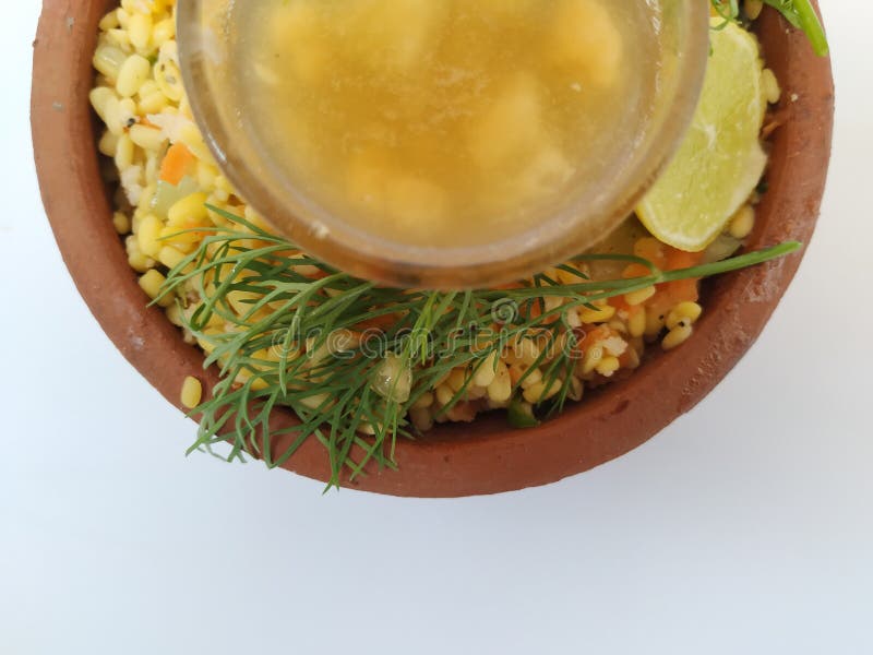 Ram Navami Hindu Festival Food Musk Melon Cool drink, Hesaru Bele with Lemon in a Sand Bowl on White Background stock photos