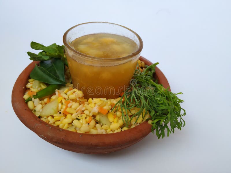 Ram Navami Hindu Festival Food Musk Melon Cool drink, Hesaru Bele with Lemon in a Sand Bowl isolated on White Background stock images