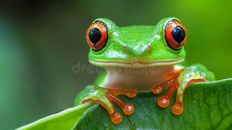 Closeup of a Red Eyed Tree Frog on a Green Leaf royalty free illustration