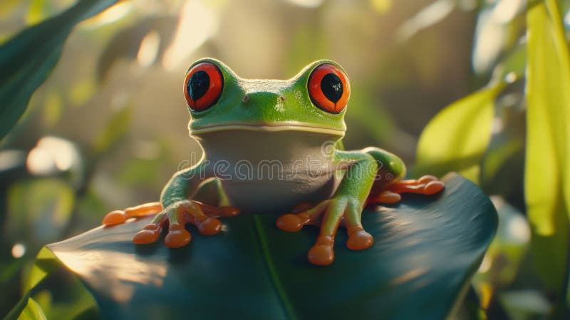 Closeup of a Red-Eyed Tree Frog on a Leaf in a Lush Rainforest royalty free illustration