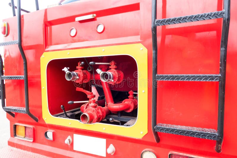 Closeup Red Fire Truck and Fire Hose ,fire & Rescue Stock Photo Image