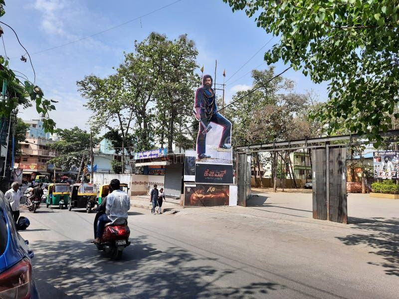 Bangalore, Karnataka, India-Apr 12, 2022: Closeup of Rocking Star Yash Sandalwood famous actor cutout in front of the Srinivasa theater during KGF Chapter 2 cinema release