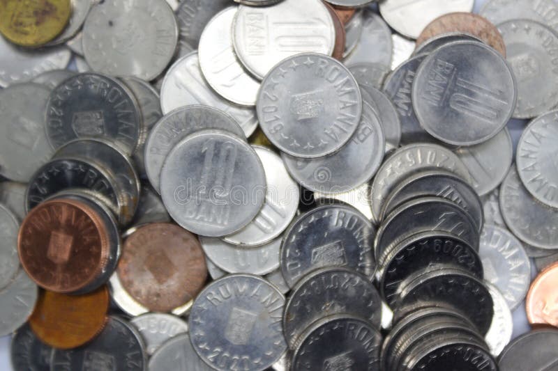 Closeup of Romanian currency coins 10 bani 5 bani. Lei. RON
