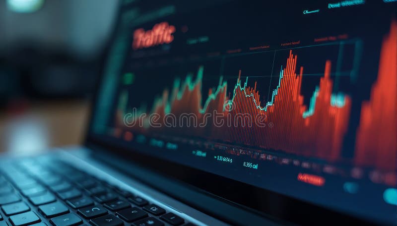 Closeup screen of the laptop or notebook device, displaying the colorful website traffic metrics, graphs and analytics for the ranking of the blog on the internet or web online, visitors statistics. AI generated