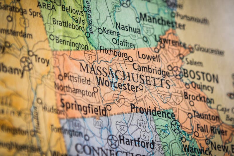 Selective Focus Of Massachusetts State On A Geographical And Political State Map Of The USA