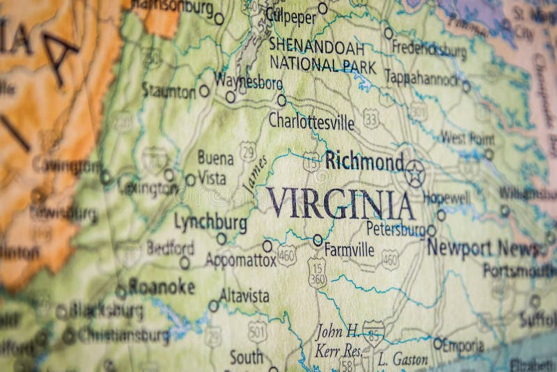 Selective Focus Of Virginia State On A Geographical And Political State Map Of The USA