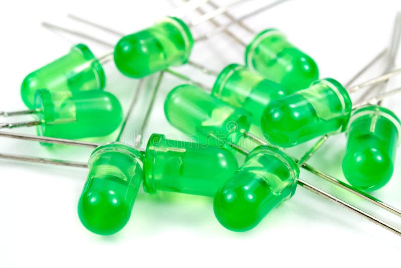 Closeup Set of Green LED Diodes on a White Background Stock Photo