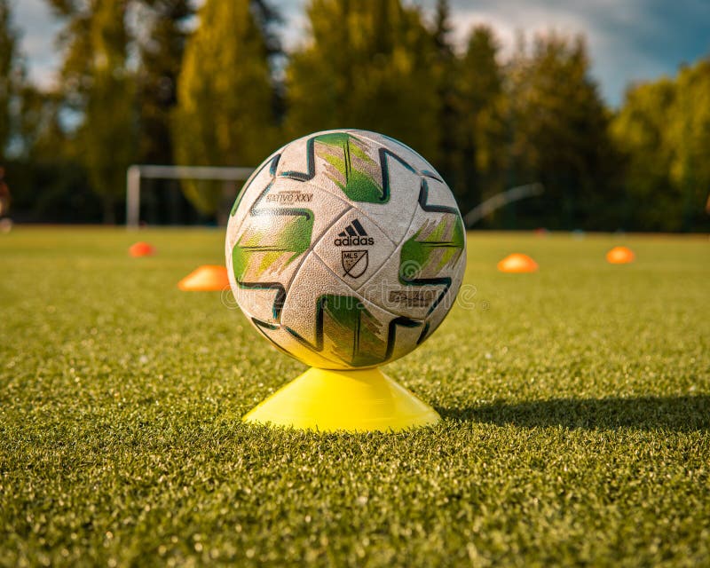 Closeup shot of an Adidas Nativo MLS soccer ball on a field at Wilson Playfields, Kent, USA