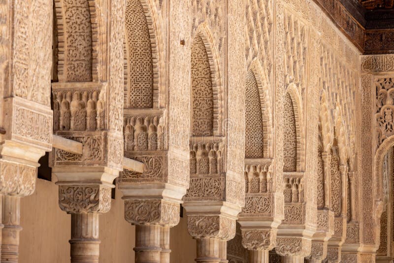 Closeup shot of adornments in the Nazaries palace in Alhambra, Granada, Spain