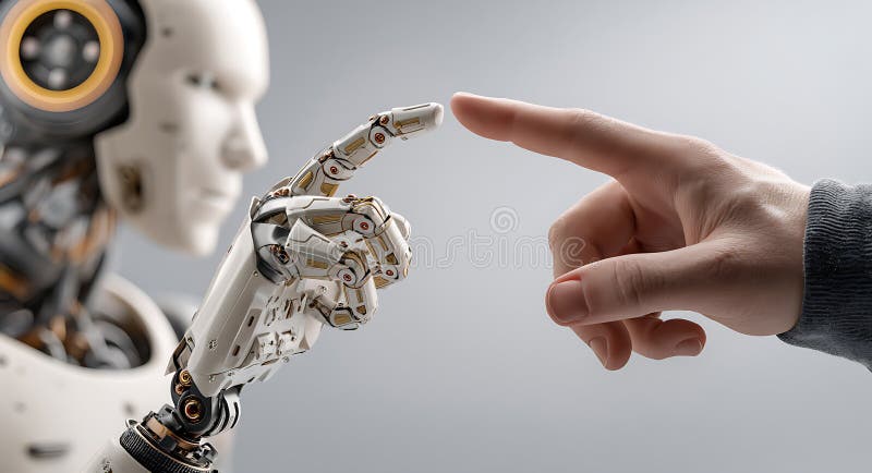 Human finger touching robot finger depicting artificial intelligence and technology of the future man machine interaction stock illustration