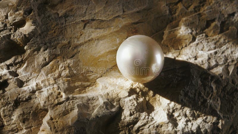 A closeup shot of a cave pearl casting a shadow on the rough wall behind it creating a dramatic contrast stock photography