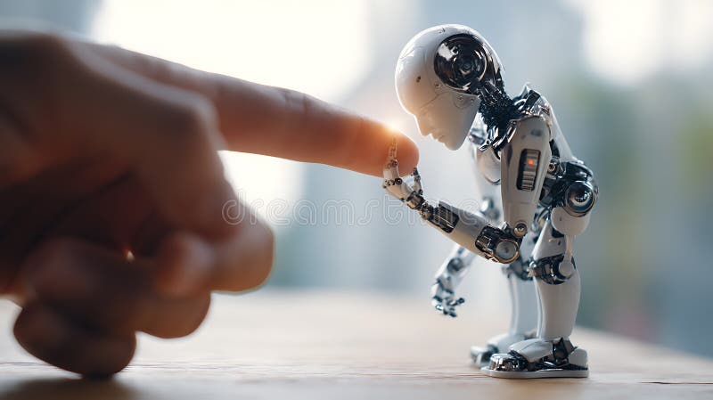 Human finger touches robot hand exploring artificial intelligence and future technology depicting connection between humans and stock illustration