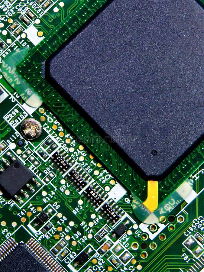 Closeup Shot of the Integrated Electric Circuits of a Green Chip Stock