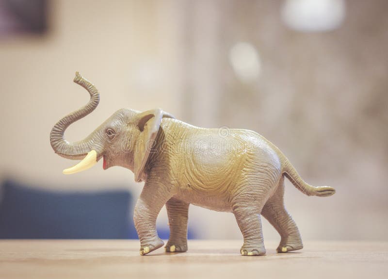 Closeup shot of a plastic toy elephant on a wooden surface with a blurred background. A closeup shot of a plastic toy elephant on a wooden surface with a blurred royalty free stock photos Closeup shot of a plastic toy elephant on a wooden surface with a blurred background. A closeup shot of a plastic toy elephant on a wooden surface with a blurred royalty free stock photos