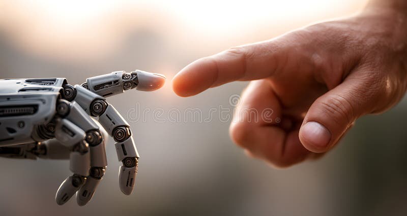Human finger touches robotic hand close up connecting technology and humanity in a futuristic blurred background stock illustration