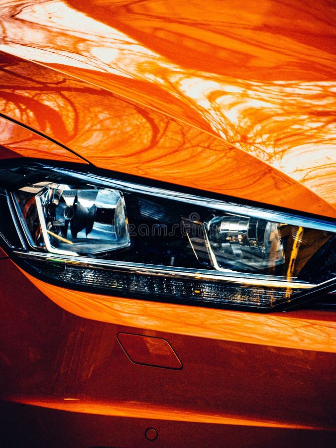 Headlight of Orange Modern Car with LED Light Stock Photo Image of