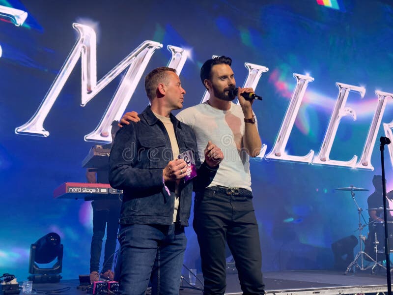 Closeup shot of Rylan Clark and Scott Mills at London Eurovision Party 2023.
