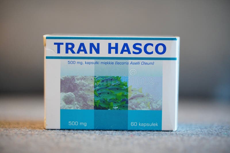 Closeup shot of Tran Hasco brand cod liver oil in a box royalty free stock images
