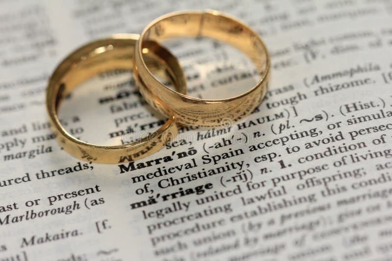 Closeup shot of two golden wedding wings on an open-up dictionary stock image
