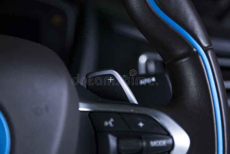 Volume Buttons in the Car on the Steering Wheel Image Stock Photo
