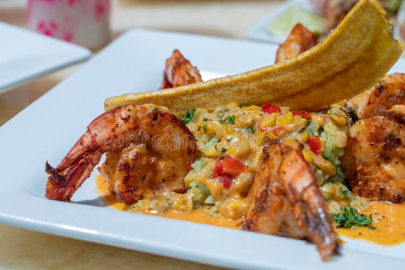 Closeup of Shrimp Salad with Rice, Corn in a Plate Stock Image - Image