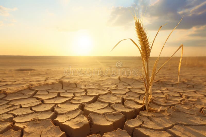 Closeup of single wheat ear growing in drought-stricken cracked field, food crisis concept. Generative AI realistic illustration royalty free illustration