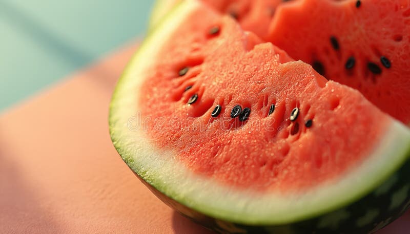 Closeup-skott av saftigt orange vattenmelonsegment med svarta frön. Ripe sommarfrukt, färsk matmönstertextur. Healthy fotografering för bildbyråer