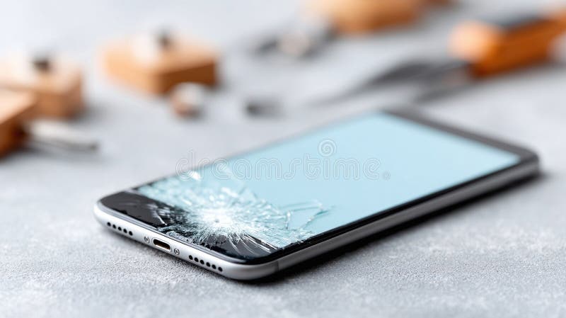 Closeup of a smartphone with a severely cracked screen, hinting at fragility, accident, or the need for repair. The blurred stock illustration