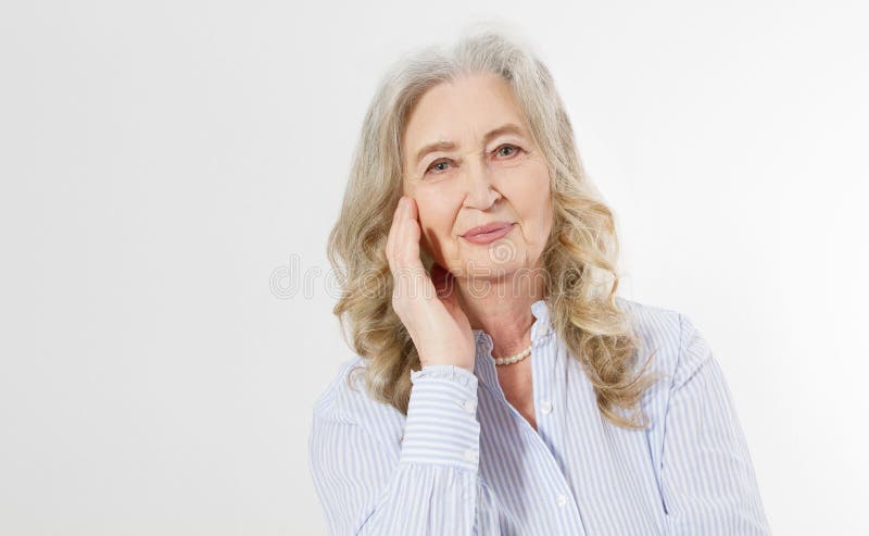 Closeup Of Smiling Senior Woman Wrinkle Face And Gray Hair Old Mature