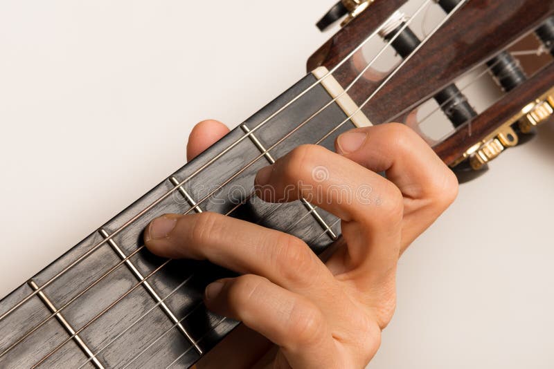 Closeup of someone playing the guitar, hand strings stock image