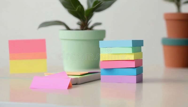 Closeup of a stack of colourful Sticky Notes with a small potted plant on a white table, wallpaper royalty free illustration