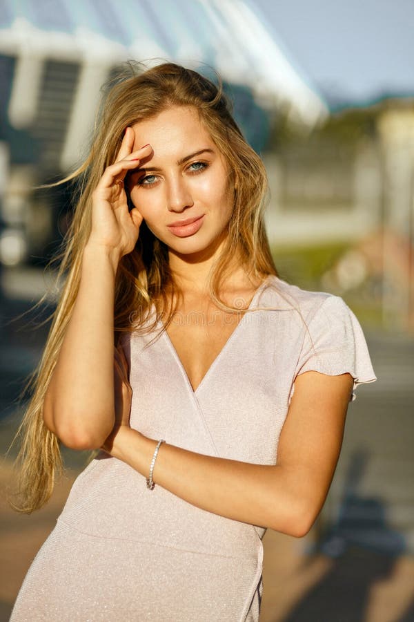 Closeup Street Portrait Of Seductive Blonde Girl With Perfect Ma Stock