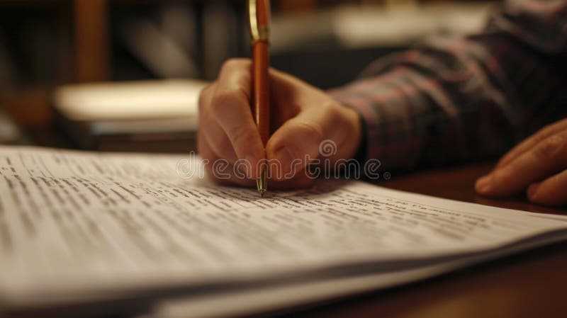 Closeup of a students hand flipping through thick legal documents with a pen in the other hand ready to take notes and make annotations. Annotations ai stock images, royalty-free photos and pictures