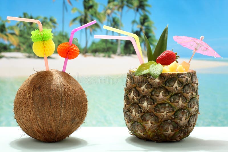 Summer Cocktails Coconut and Pineapple on the Beach Stock Image Image