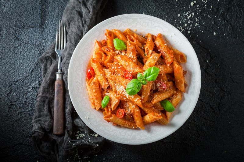 Tasty Penne Bolognese with Parmesan and Basil Stock Image - Image of ...