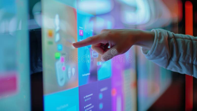 A closeup of a teachers hand pressing a button on a sleek interactive whiteboard. The screen is divided into different stock images