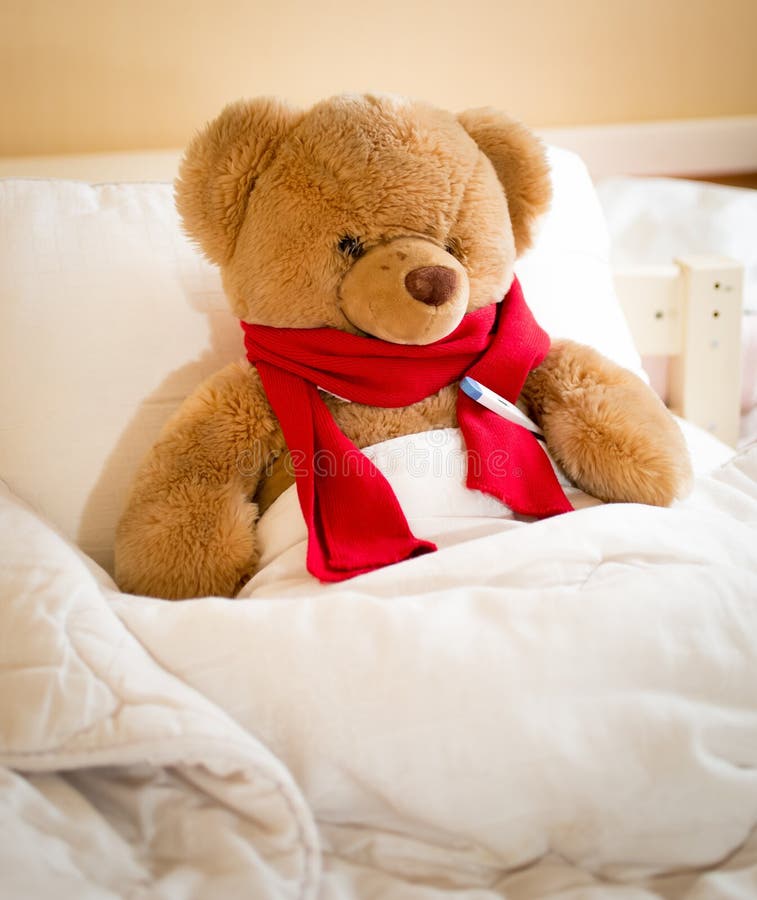 Closeup of Teddy Bear in Red Scarf Lying in Bed Stock Photo Image of