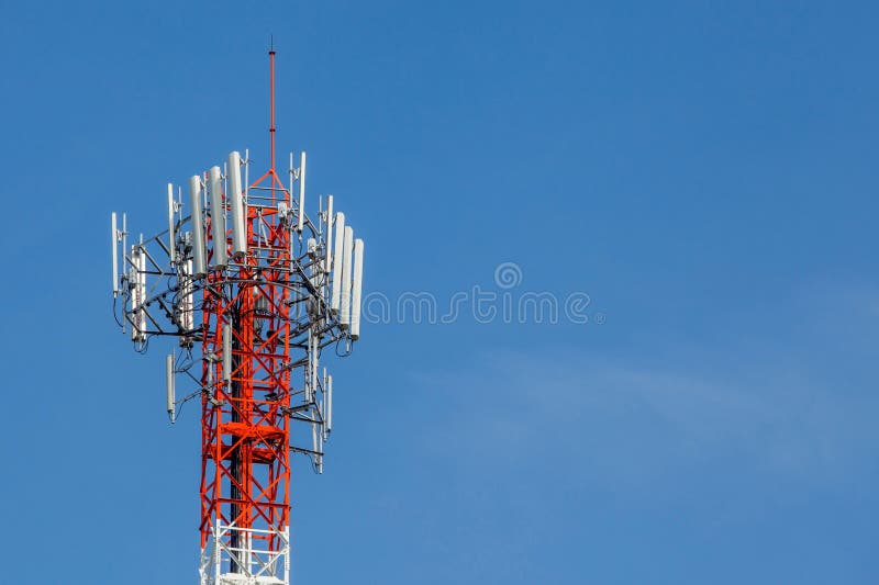 Closeup telecommunications tower with beautiful blue sky backgro