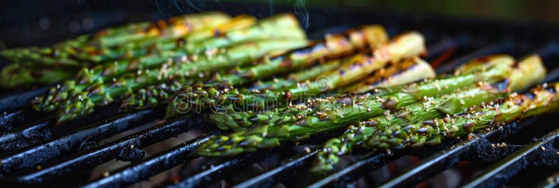 Closeup of tender asparagus spears carefully p on the grill with precision royalty free stock photo