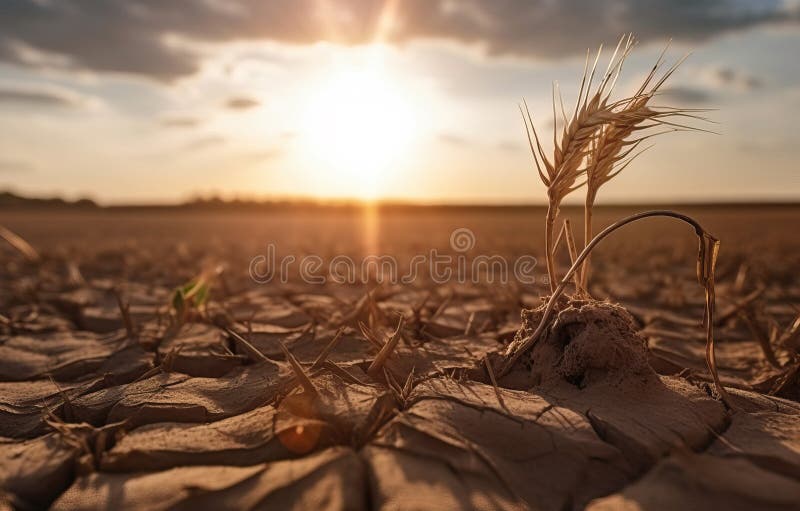 Closeup of tiny wheat ears in dry cracked field. Global warming concept, generative AI realistic illustration royalty free illustration