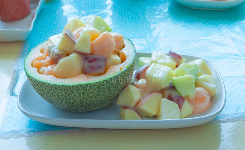 Closeup to Fresh Fruit Salad in Melon Peel royalty free stock photography Closeup to Fresh Fruit Salad in Melon Peel royalty free stock photography