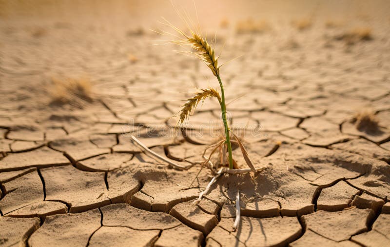 Closeup of two dry wheat ears in dried cracked soil, desertification concept. Generative AI realistic illustration royalty free illustration